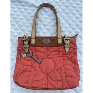 Vintage Fossil Key-Per Quilted Bag Coral Leather Trim Ladybug Lining